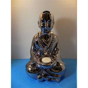 NEW Ceramic Silver Buddha Candle Holder Statue